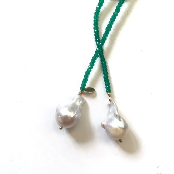 Joie DiGiovanni Lariat Gold Filled Onyx Pearl Necklace Womens Green White Beaded - Picture 8 of 13